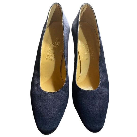 Stephanie of London Wm’s Sz 6.5 Blue 3 Inch Spool Heel Satin Pump Shoes - Picture 2 of 7